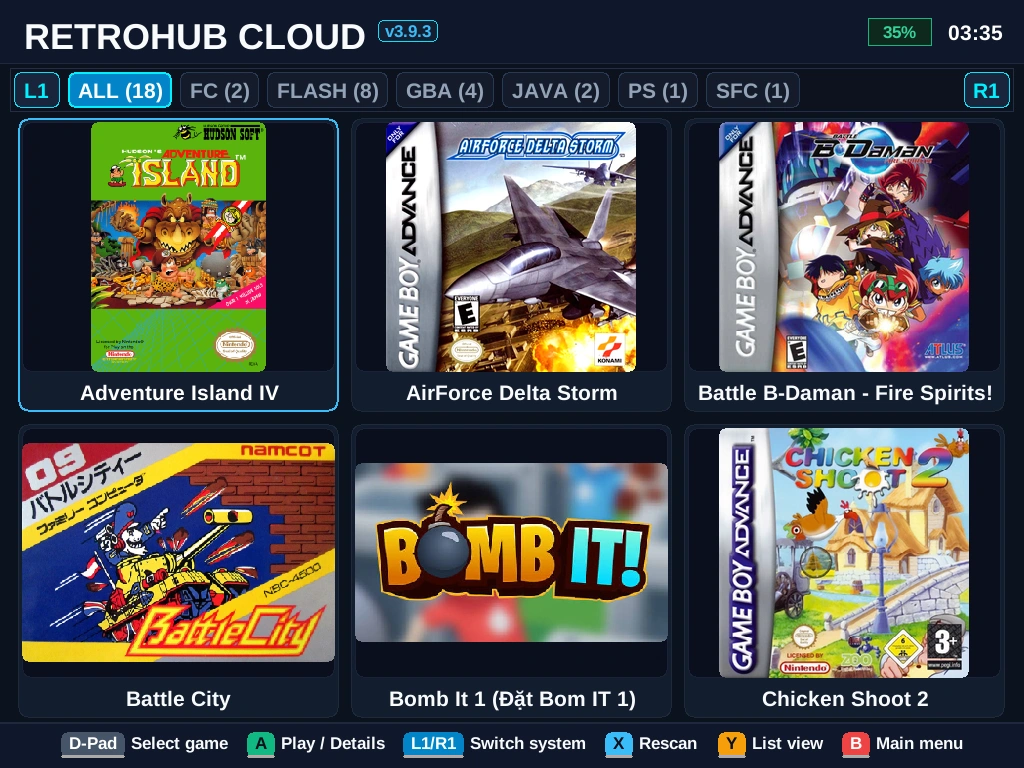 Thư viện game trên máy RetroHub